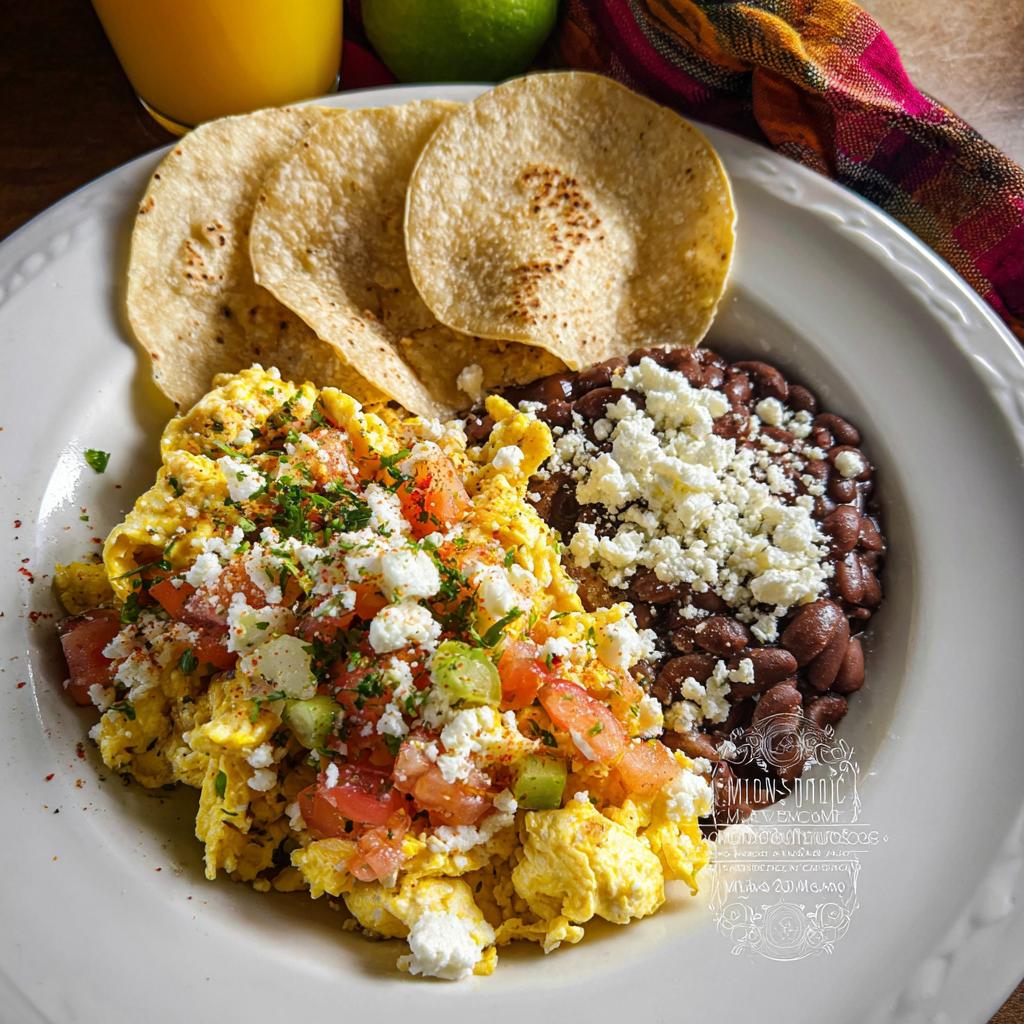 A plate of scrambled Mexican Eggs topped with crumbled cheese, tomatoes, and cilantro, served with black beans and tortillas.