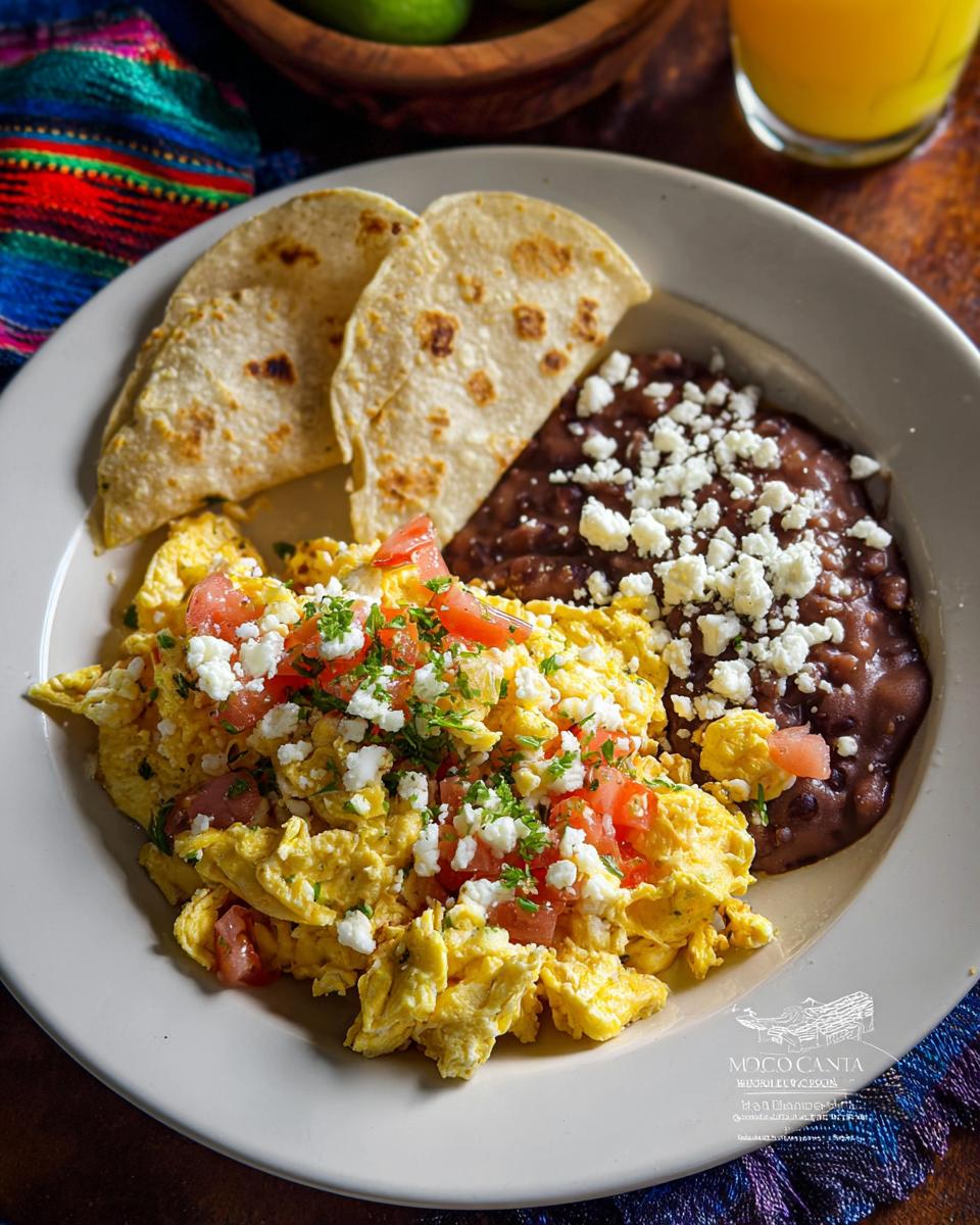 A plate of scrambled Mexican Eggs topped with tomatoes and crumbled cheese, served with refried beans and tortillas.