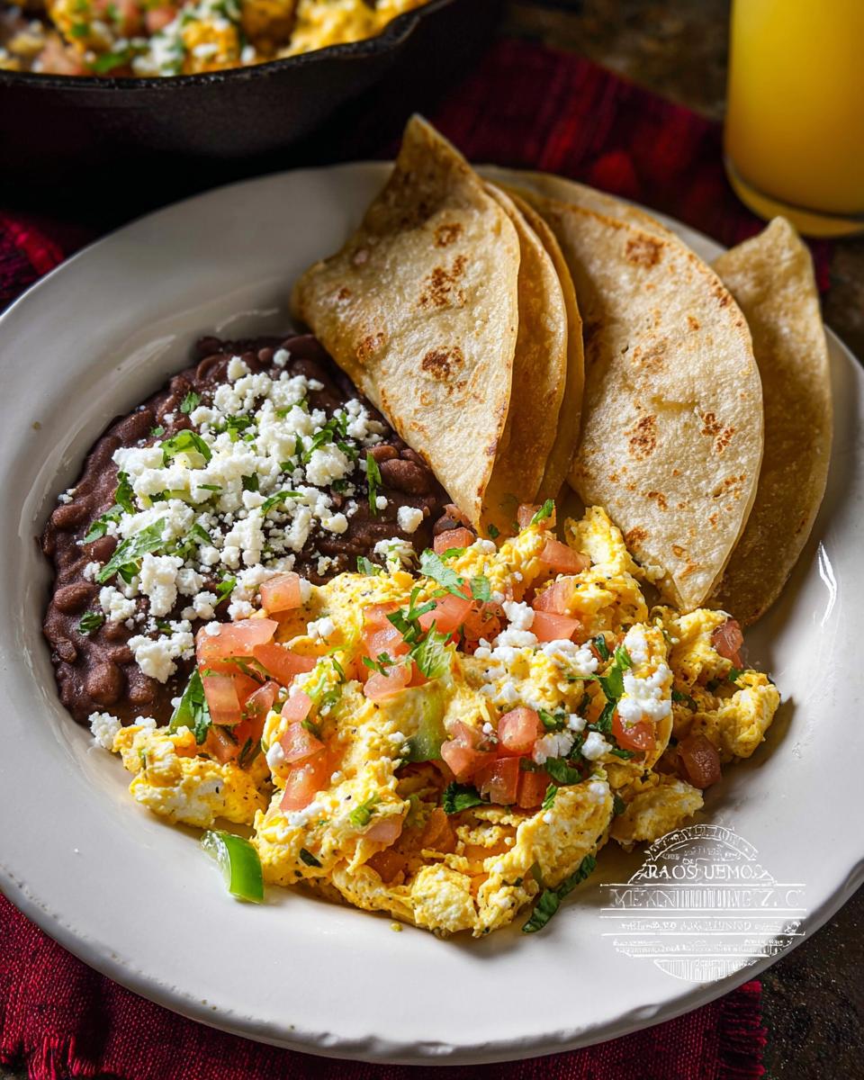A plate of scrambled Mexican Eggs topped with pico de gallo and crumbled cheese, served with refried beans and tortillas.