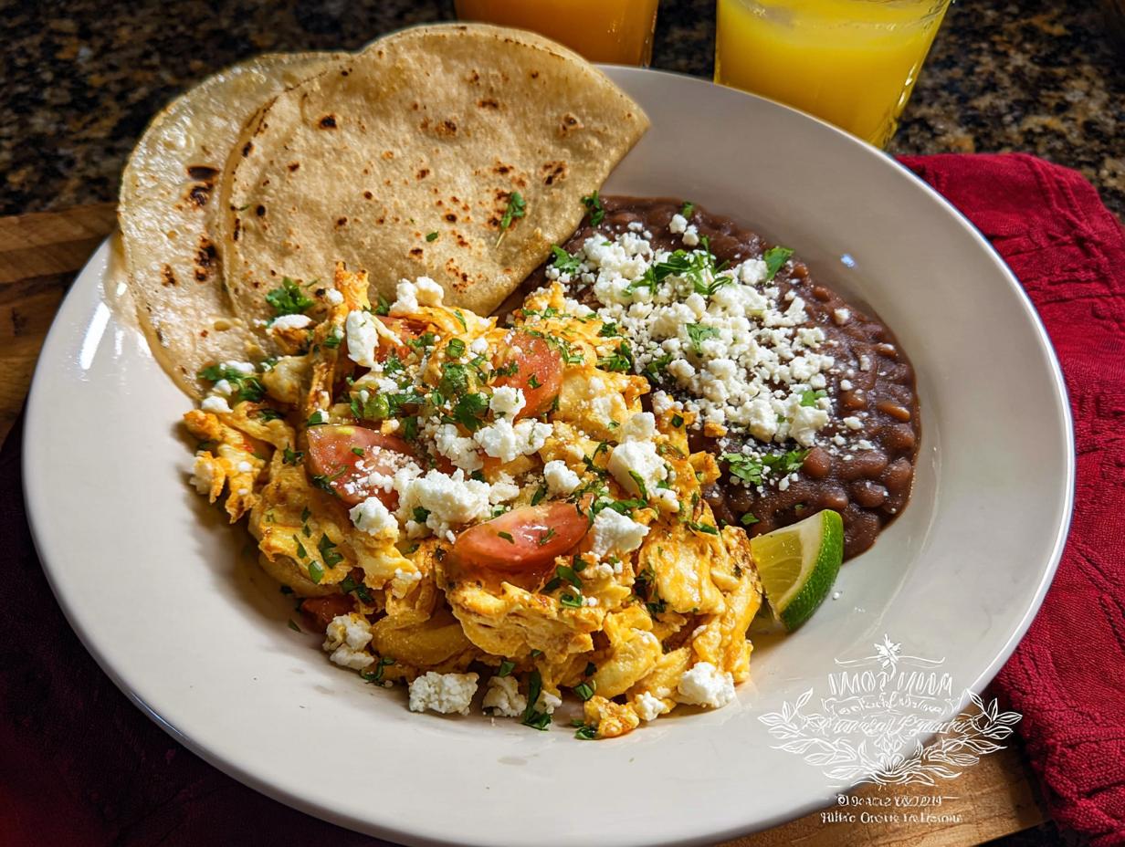 A plate of scrambled Mexican Eggs with tomatoes, crumbled cheese, cilantro, served with refried beans, tortillas, and a lime wedge.