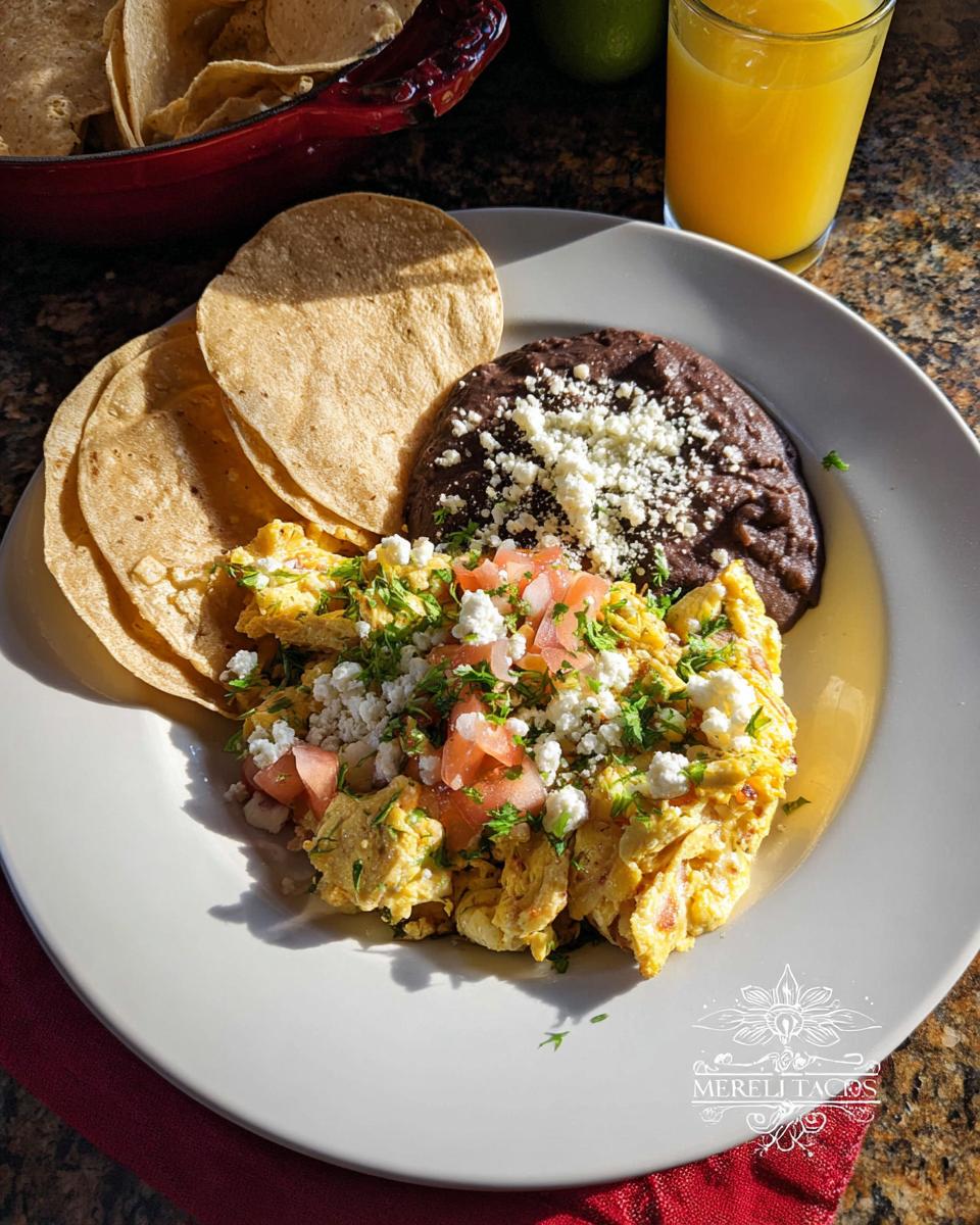 A plate of scrambled Mexican eggs topped with queso fresco, pico de gallo, and cilantro, served with refried beans and corn tortillas.