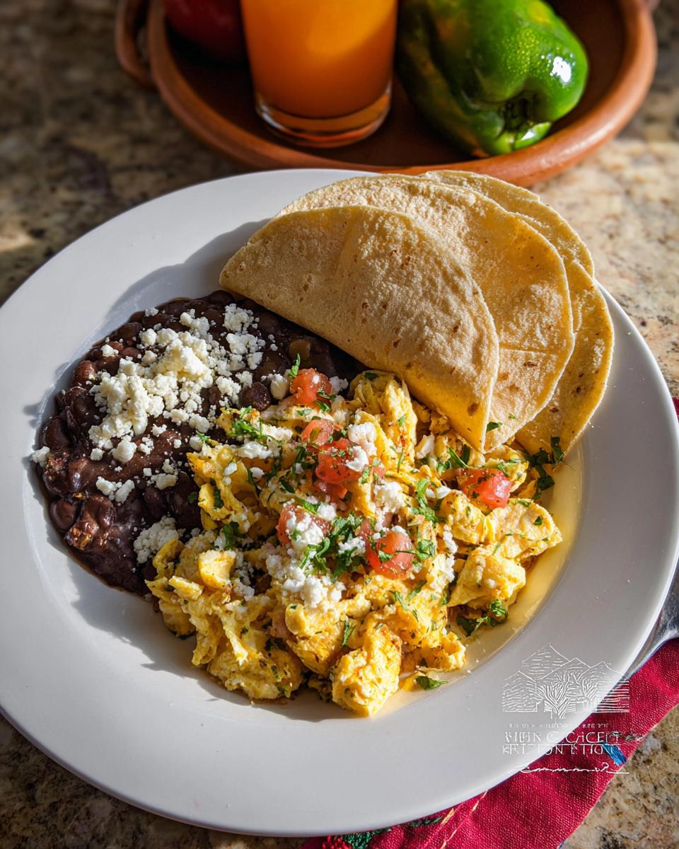 A plate of scrambled Mexican eggs topped with cheese and cilantro, served with refried beans and corn tortillas.