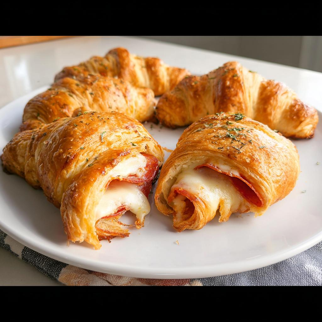 Close-up of baked mozzarella pepperoni croissant rolls, with melted cheese oozing out.