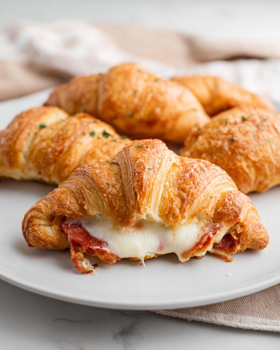 A close-up of a delicious mozzarella pepperoni croissant roll, with melted cheese oozing out.