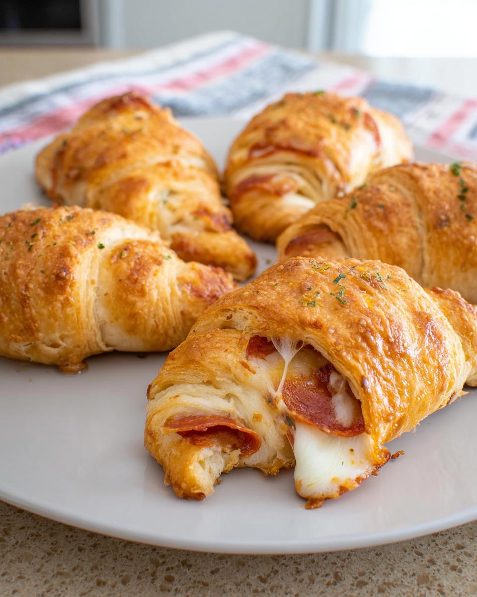 Close-up of a delicious mozzarella pepperoni croissant roll, with melted cheese and pepperoni spilling out.