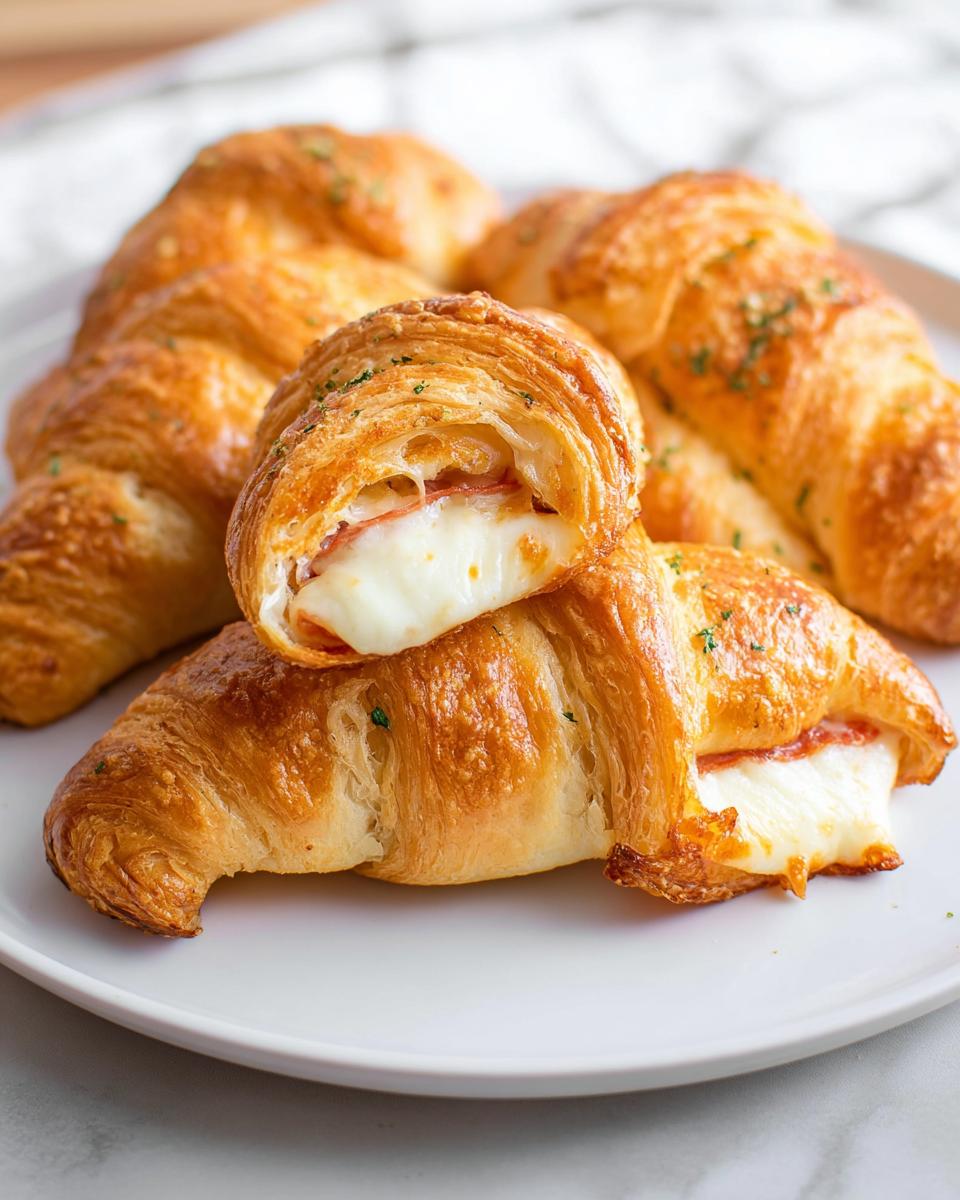 A close-up of delicious mozzarella pepperoni croissant rolls, one cut in half to reveal melted cheese and pepperoni.