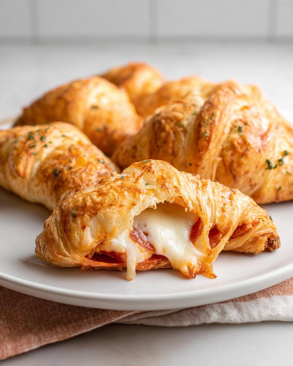 A close-up of a mozzarella pepperoni croissant roll, with gooey cheese and pepperoni spilling out.