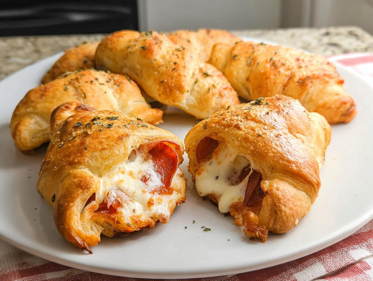 Close-up of two delicious mozzarella pepperoni croissant rolls, with melted cheese oozing out, on a white plate.