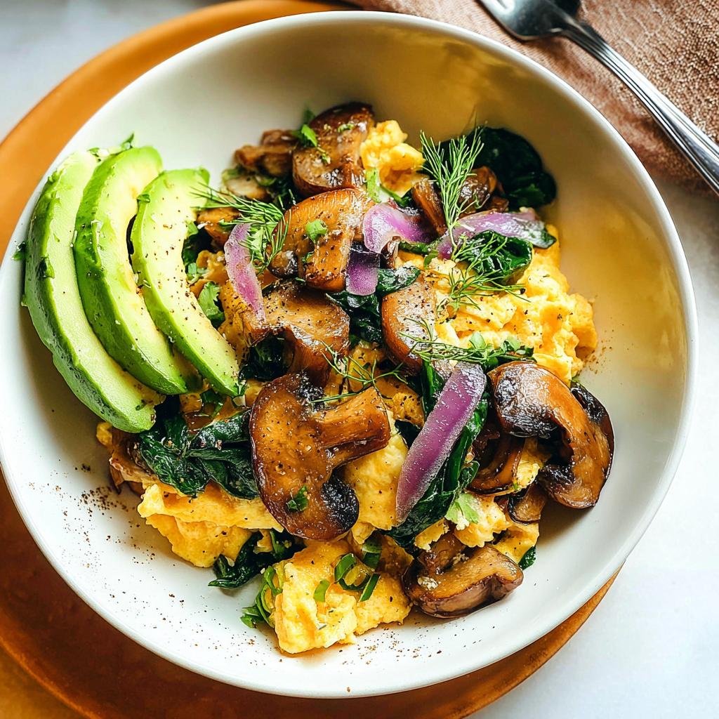 A bowl of fluffy Mushroom Spinach Scrambled Eggs topped with sliced avocado, red onion, and fresh dill.