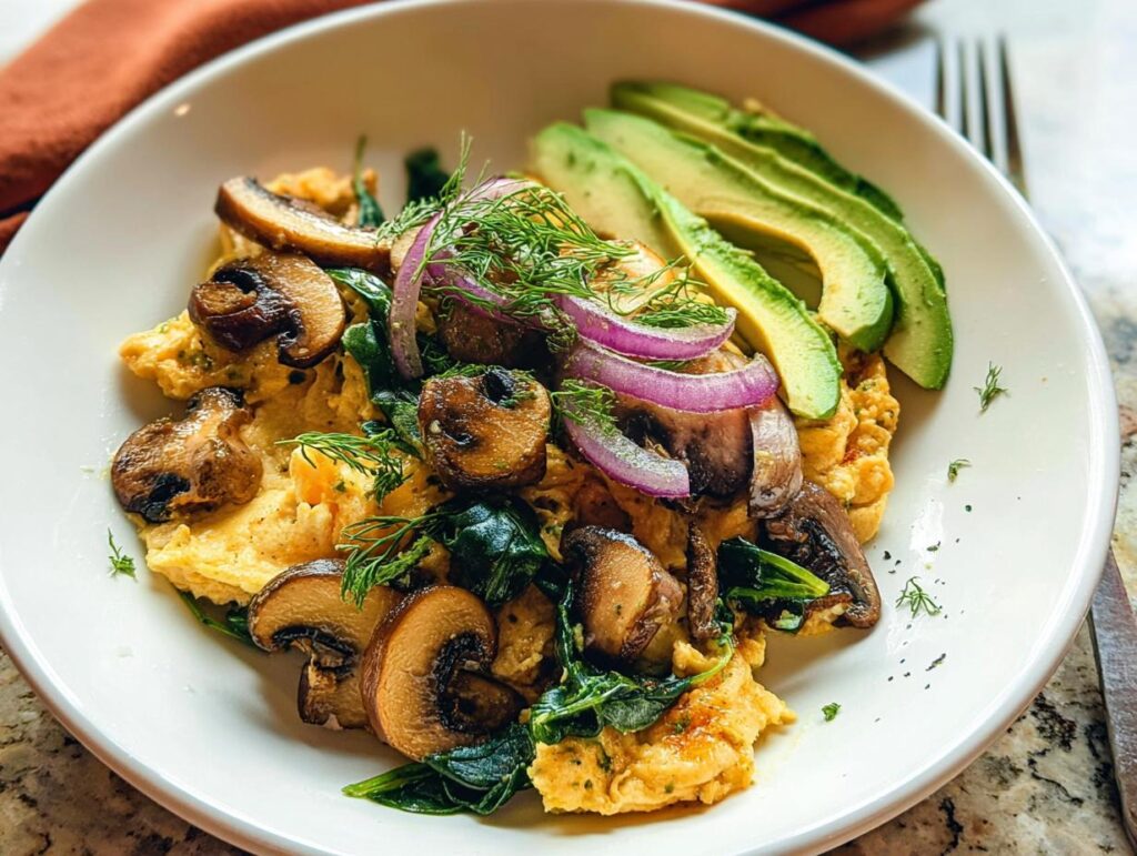 A delicious plate of Mushroom Spinach Scrambled Eggs topped with red onion and dill, served with sliced avocado.