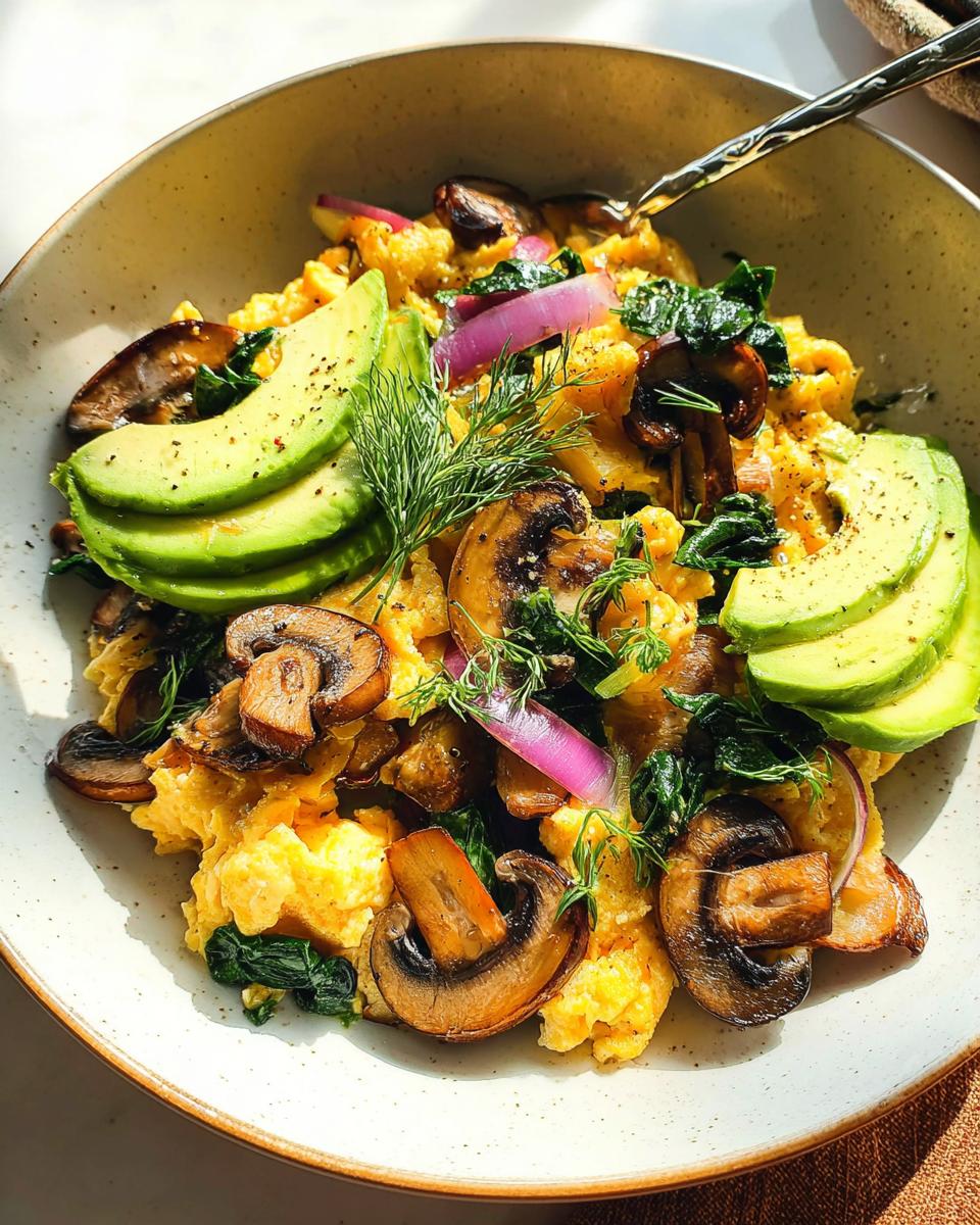A close-up of fluffy Mushroom Spinach Scrambled Eggs topped with sliced avocado, red onion, and fresh dill.