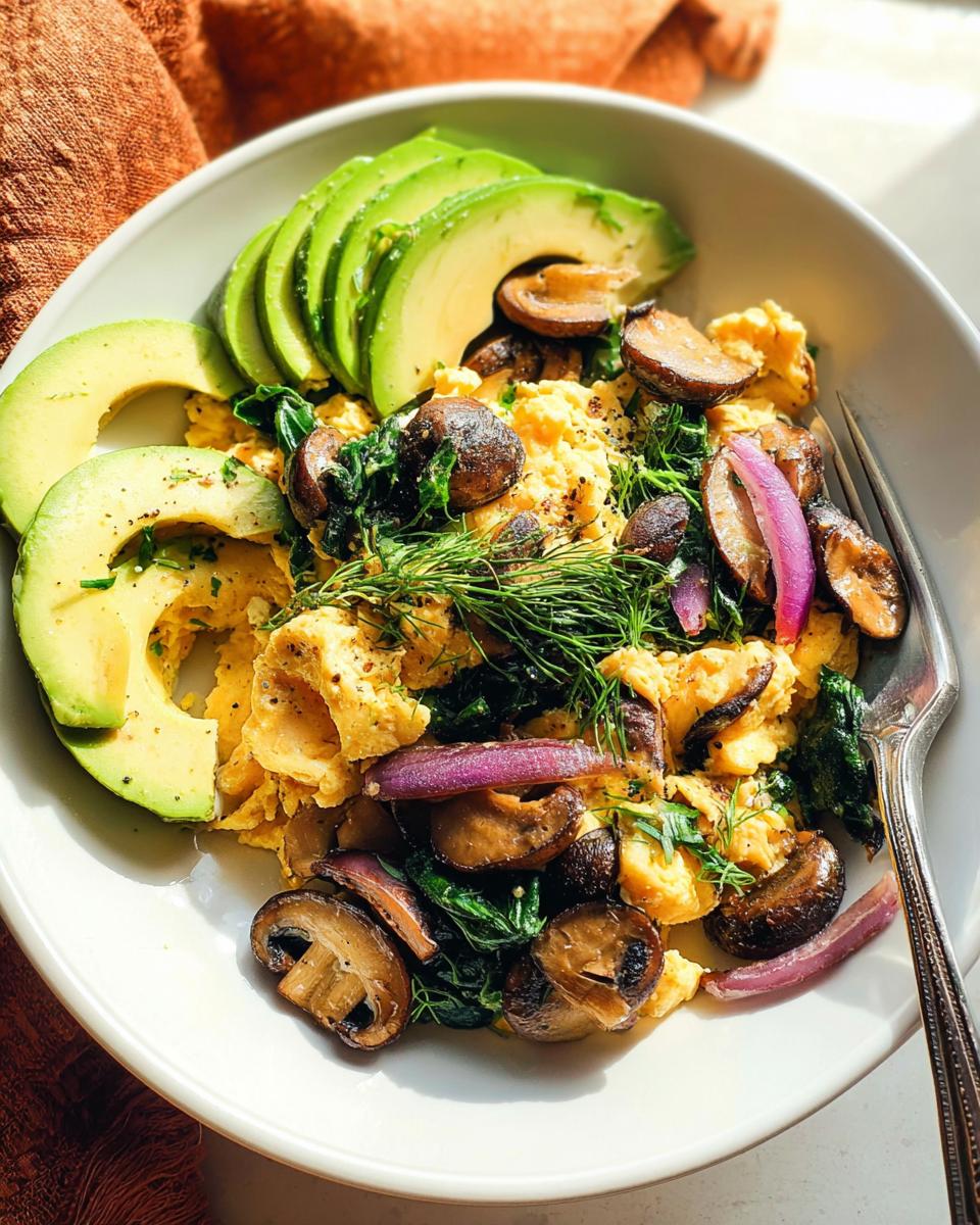 A bowl of Mushroom Spinach Scrambled Eggs topped with sliced avocado, red onion, and dill.