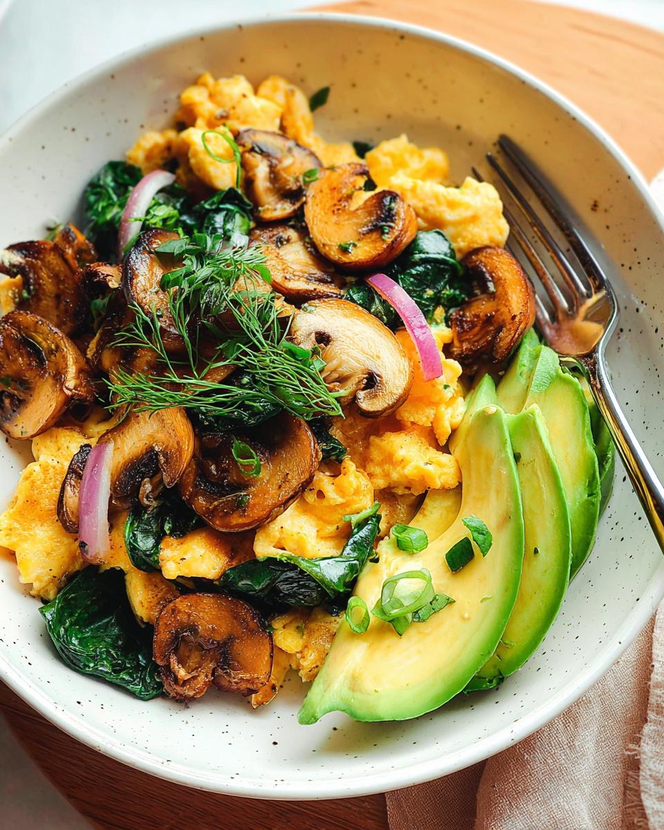 A bowl of fluffy Mushroom Spinach Scrambled Eggs topped with sliced mushrooms, red onion, and fresh dill, served with sliced avocado.