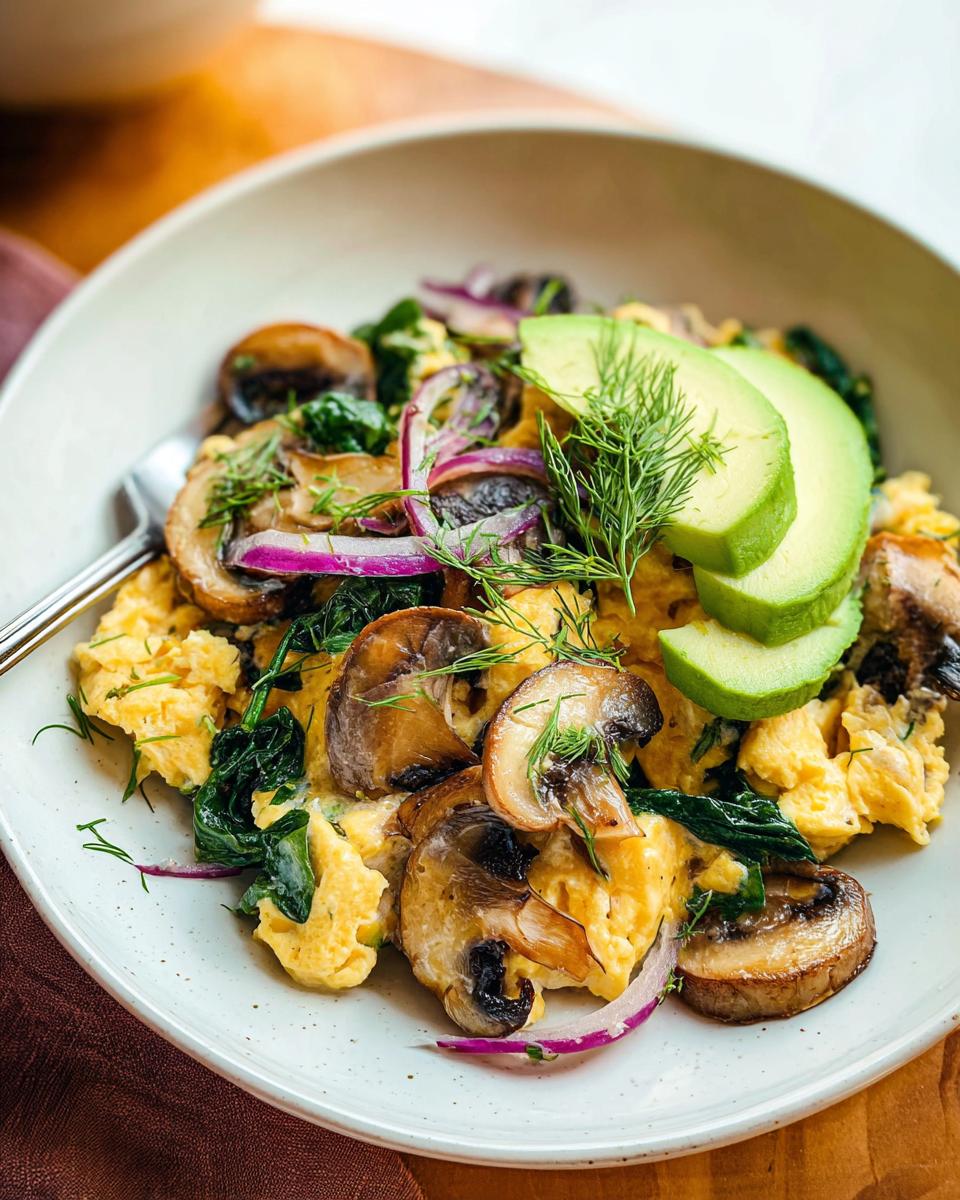 A close-up of fluffy Mushroom Spinach Scrambled Eggs topped with sliced avocado, red onion, and fresh dill.