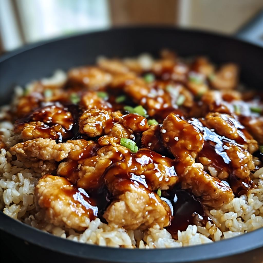 A close-up of crispy chicken pieces coated in glossy honey BBQ sauce served over fluffy rice, garnished with sesame seeds and green onions.