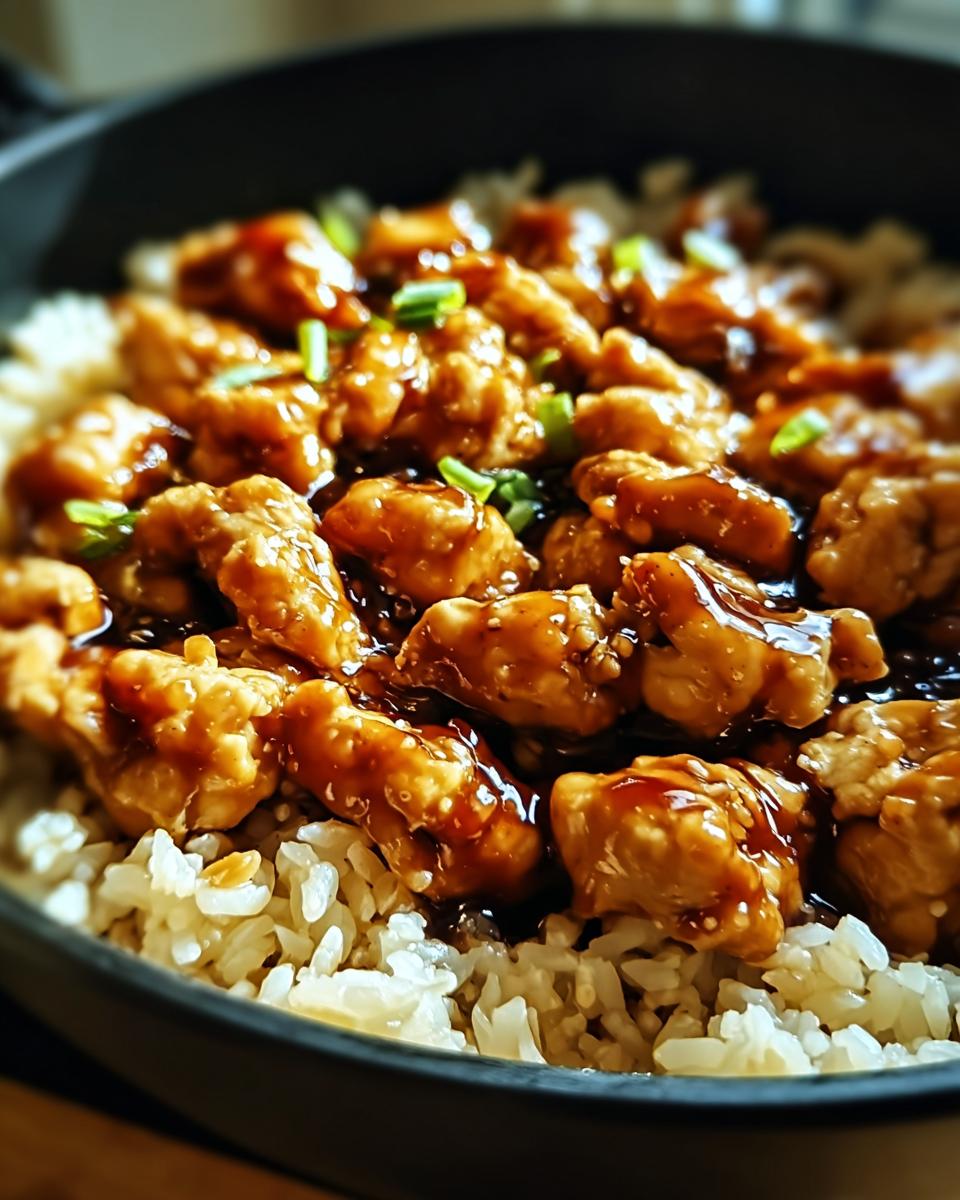 A close-up shot of delicious One-Pan Honey BBQ Chicken Rice, featuring glazed chicken pieces over fluffy white rice, garnished with green onions.