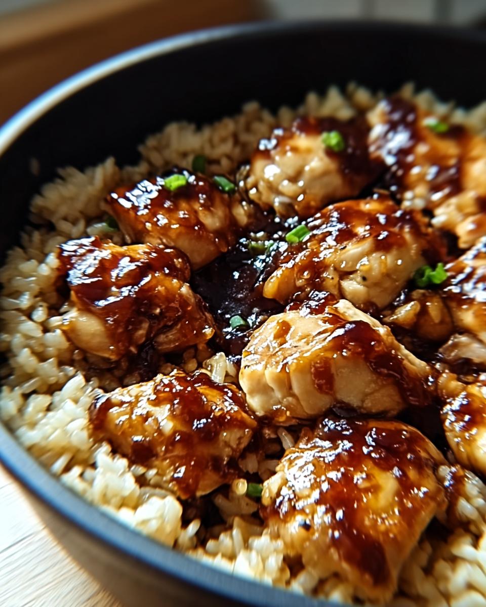 Close-up of juicy chicken pieces coated in a glossy honey BBQ sauce, served over fluffy rice in a black pan. Garnished with green onions.