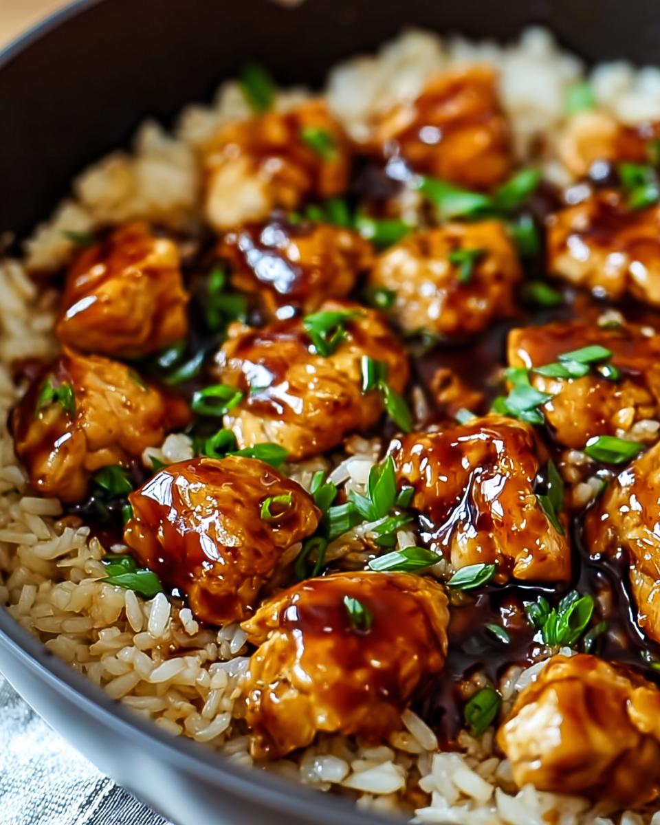 Close-up of tender chicken pieces coated in glossy honey BBQ sauce served over fluffy rice, garnished with fresh green onions.