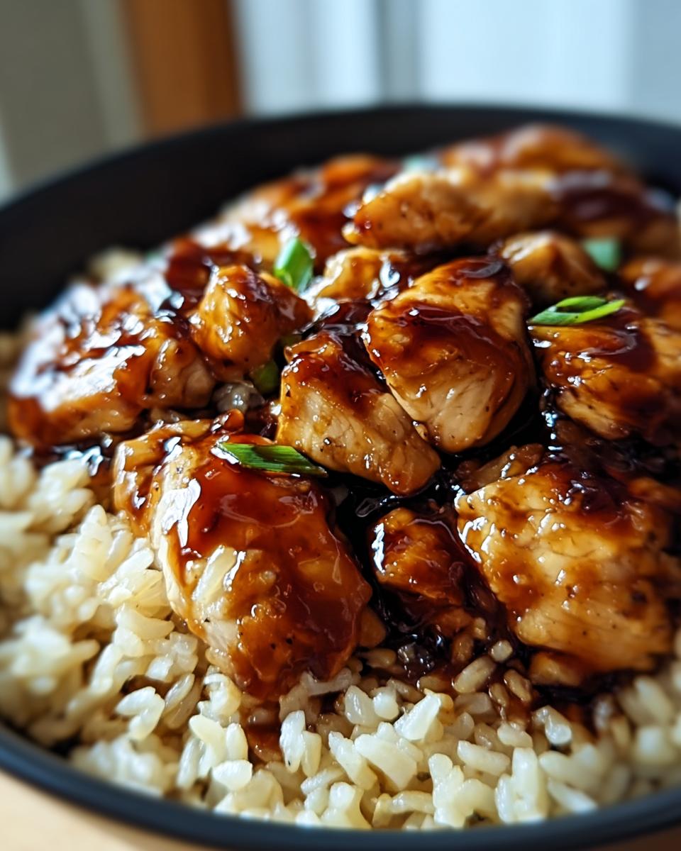 Close-up of a bowl filled with fluffy rice topped with glazed chicken pieces and green onions, featuring the One-Pan Honey BBQ Chicken Rice.
