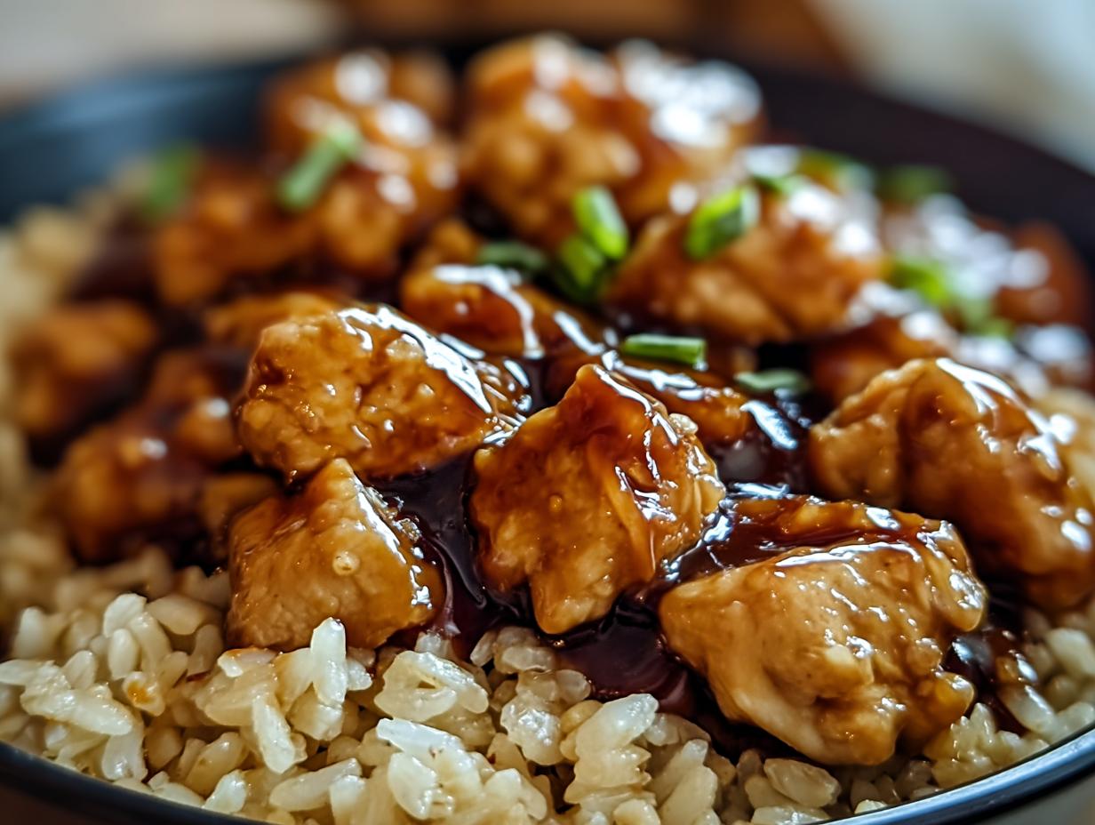 Close-up of a bowl of One-Pan Honey BBQ Chicken Rice, featuring glazed chicken pieces over fluffy rice, garnished with green onions.