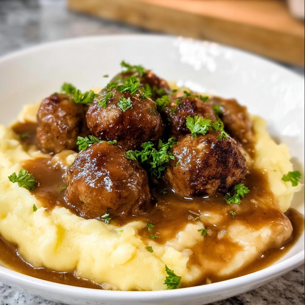 A bowl of Salisbury Steak Meatballs served over creamy Garlic Herb Mashed Potatoes, garnished with fresh parsley.