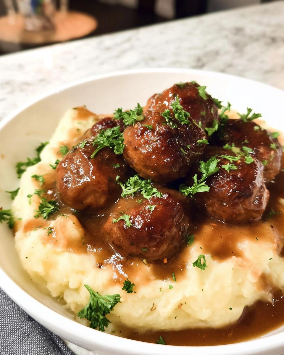 Close-up of Salisbury Steak Meatballs served over creamy Garlic Herb Mashed Potatoes, garnished with fresh parsley.