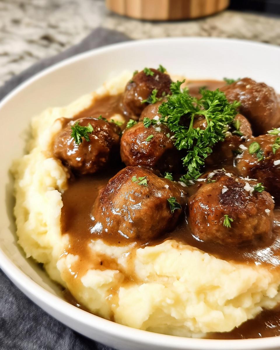 Close-up of Salisbury steak meatballs in rich gravy served over creamy garlic herb mashed potatoes, garnished with parsley.