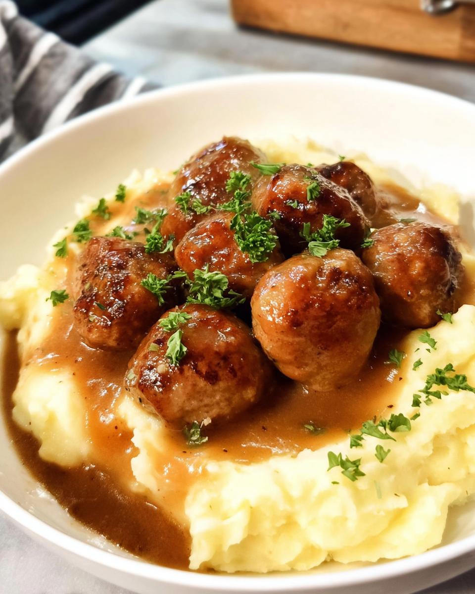 A bowl of Salisbury Steak Meatballs covered in gravy, served over fluffy Garlic Herb Mashed Potatoes and garnished with parsley.