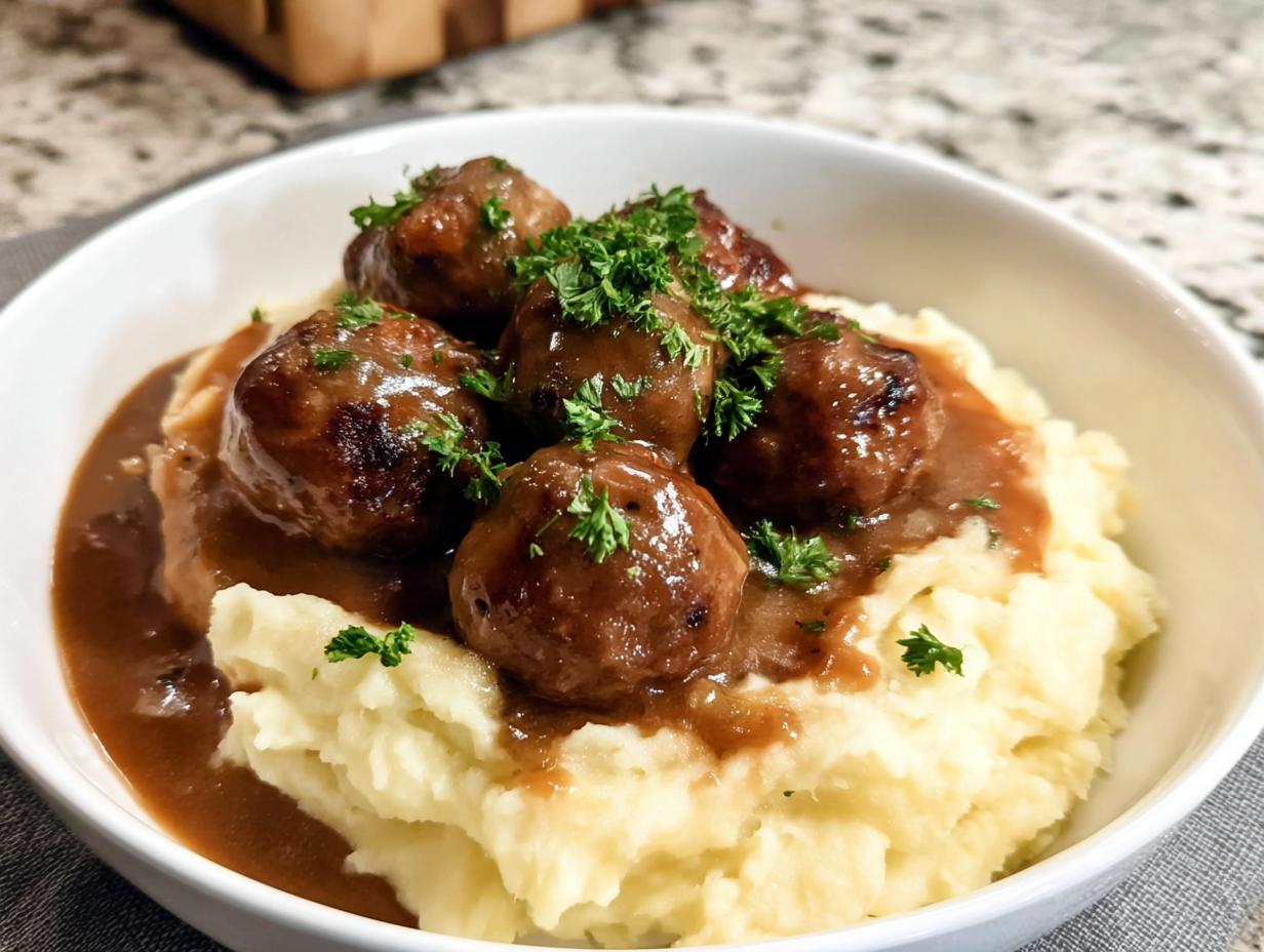 A bowl of Salisbury Steak Meatballs served over creamy Garlic Herb Mashed Potatoes, drizzled with rich brown gravy and garnished with parsley.