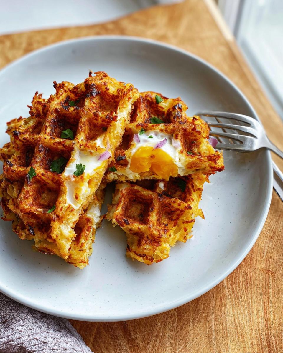 A close-up of a savory hashbrown chaffle, cut in half to reveal a runny egg yolk and red onion, garnished with parsley.