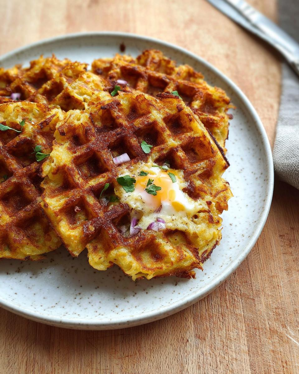 A plate of golden-brown Savory Hashbrown Chaffles topped with a fried egg, red onion, and parsley.