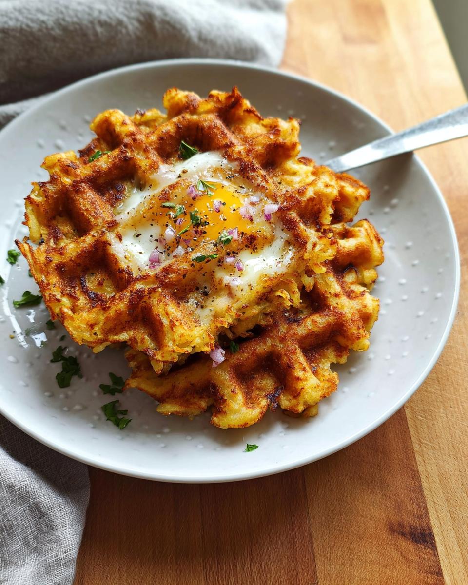 A golden brown savory hashbrown chaffle topped with a perfectly fried egg, red onion, and herbs.