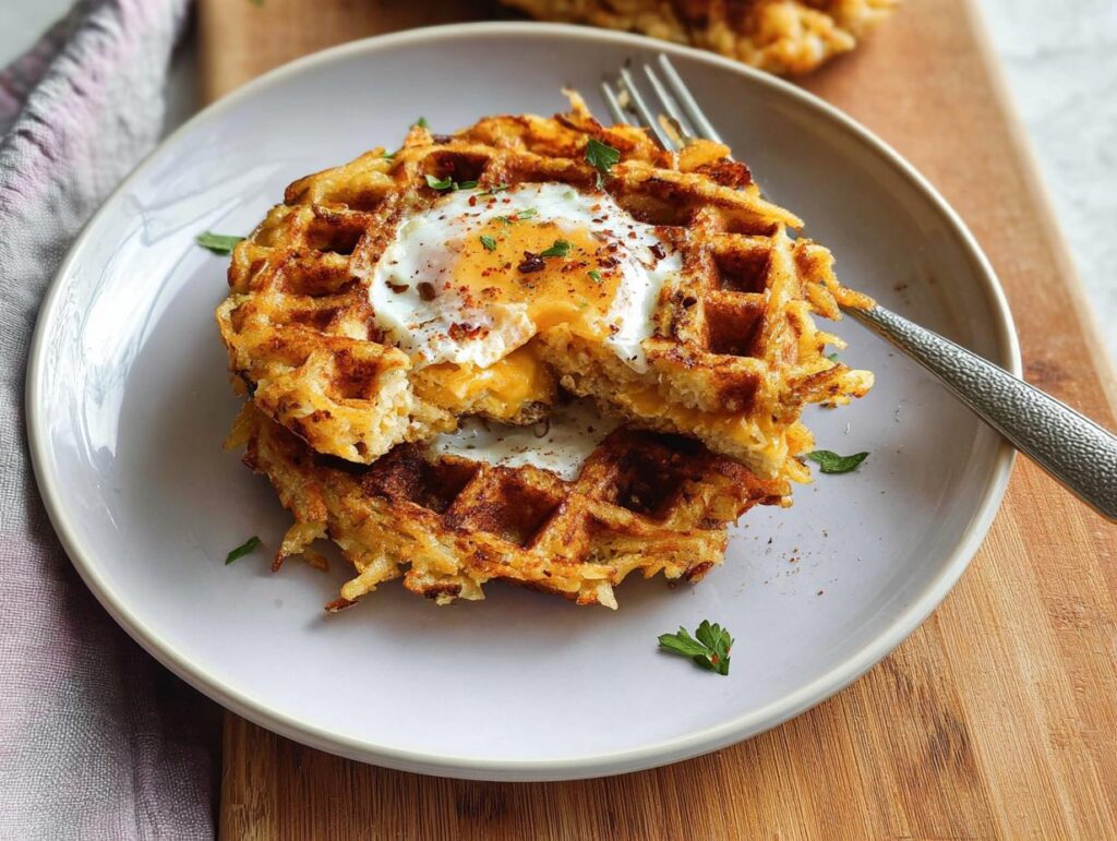 A close-up of a Savory Hashbrown Chaffle topped with a fried egg and melted cheese, garnished with parsley.