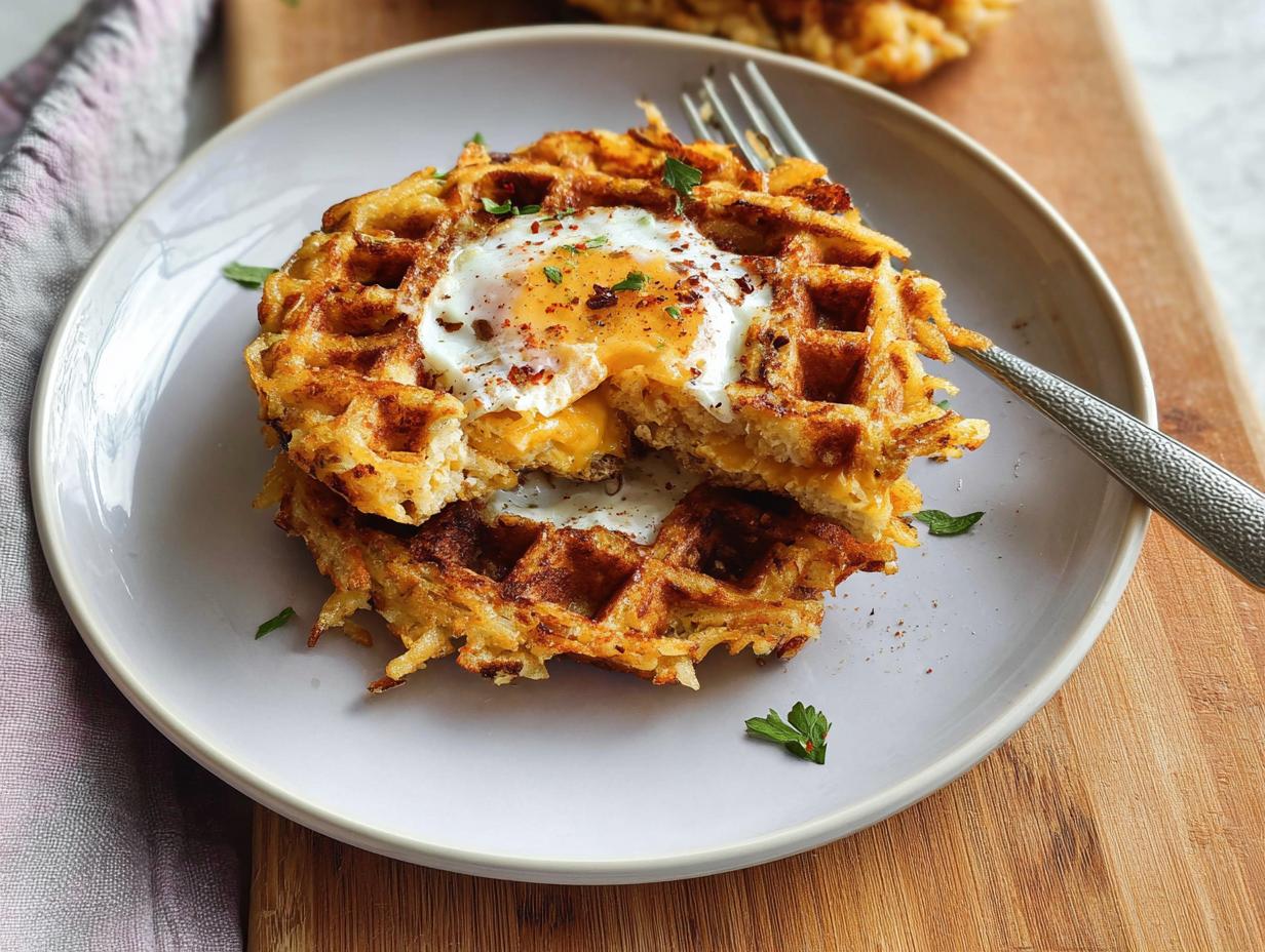 A close-up of a Savory Hashbrown Chaffle topped with a fried egg and melted cheese, garnished with parsley.