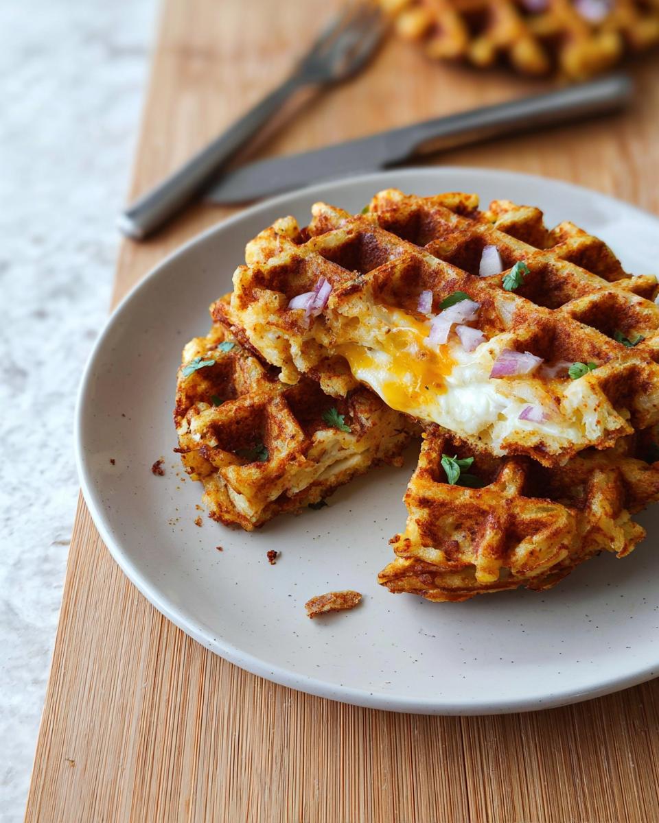 A close-up of a Savory Hashbrown Chaffle, cut in half to reveal a runny egg yolk and chopped red onion.