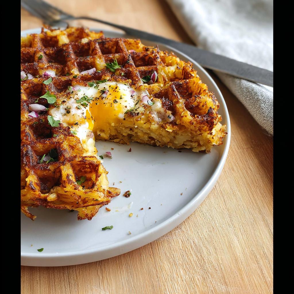 A close-up of a Savory Hashbrown Chaffle topped with a runny egg yolk, red onion, and parsley.