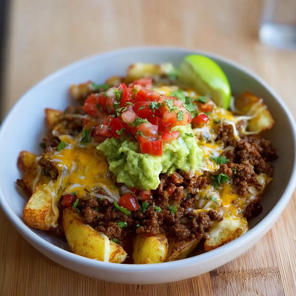 A hearty Schnelle Kartoffel Taco Bowl Meal Prep with seasoned ground beef, melted cheese, pico de gallo, and guacamole.