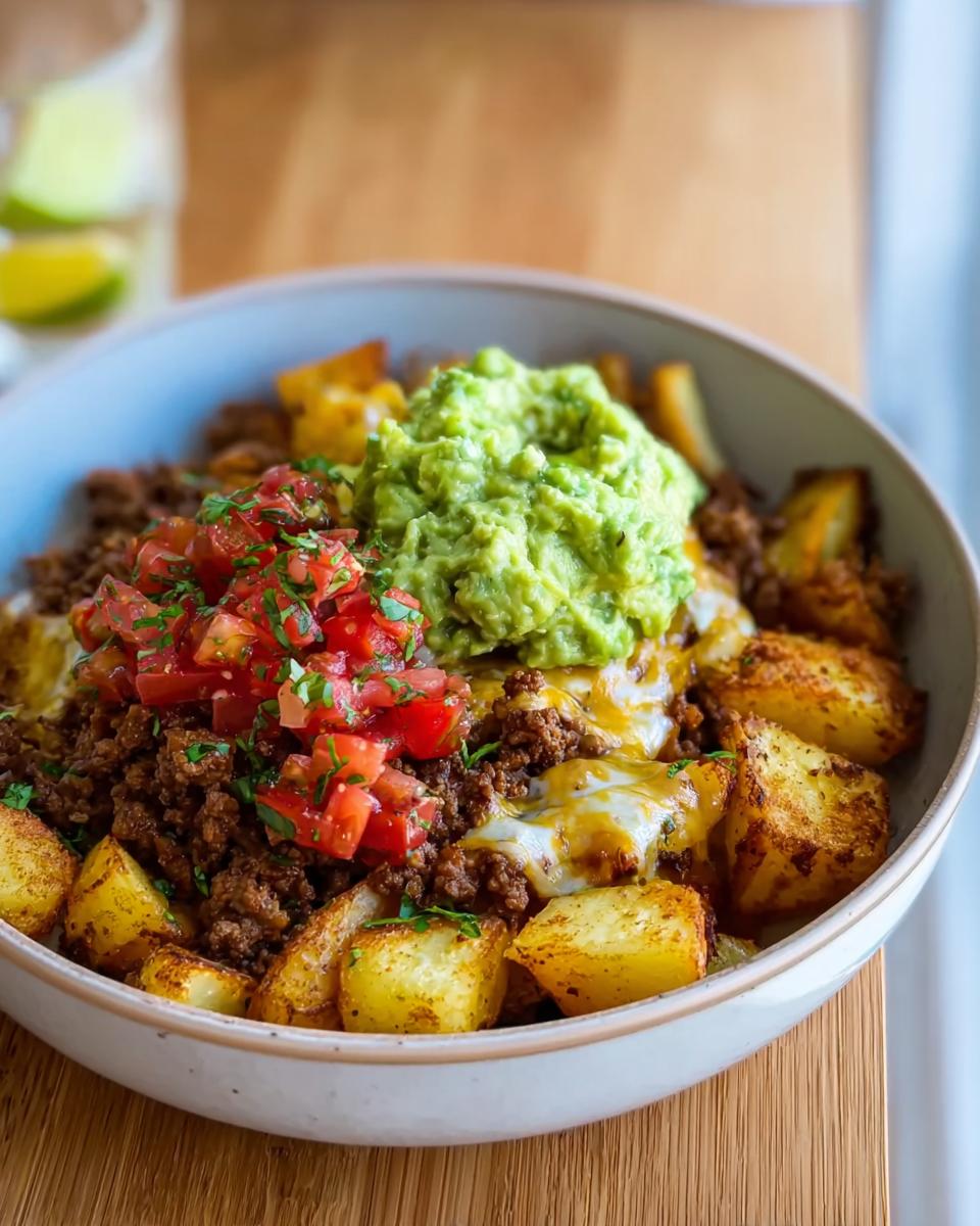 A close-up of a Schnelle Kartoffel Taco Bowl Meal Prep with seasoned ground beef, melted cheese, roasted potatoes, pico de gallo, and guacamole.