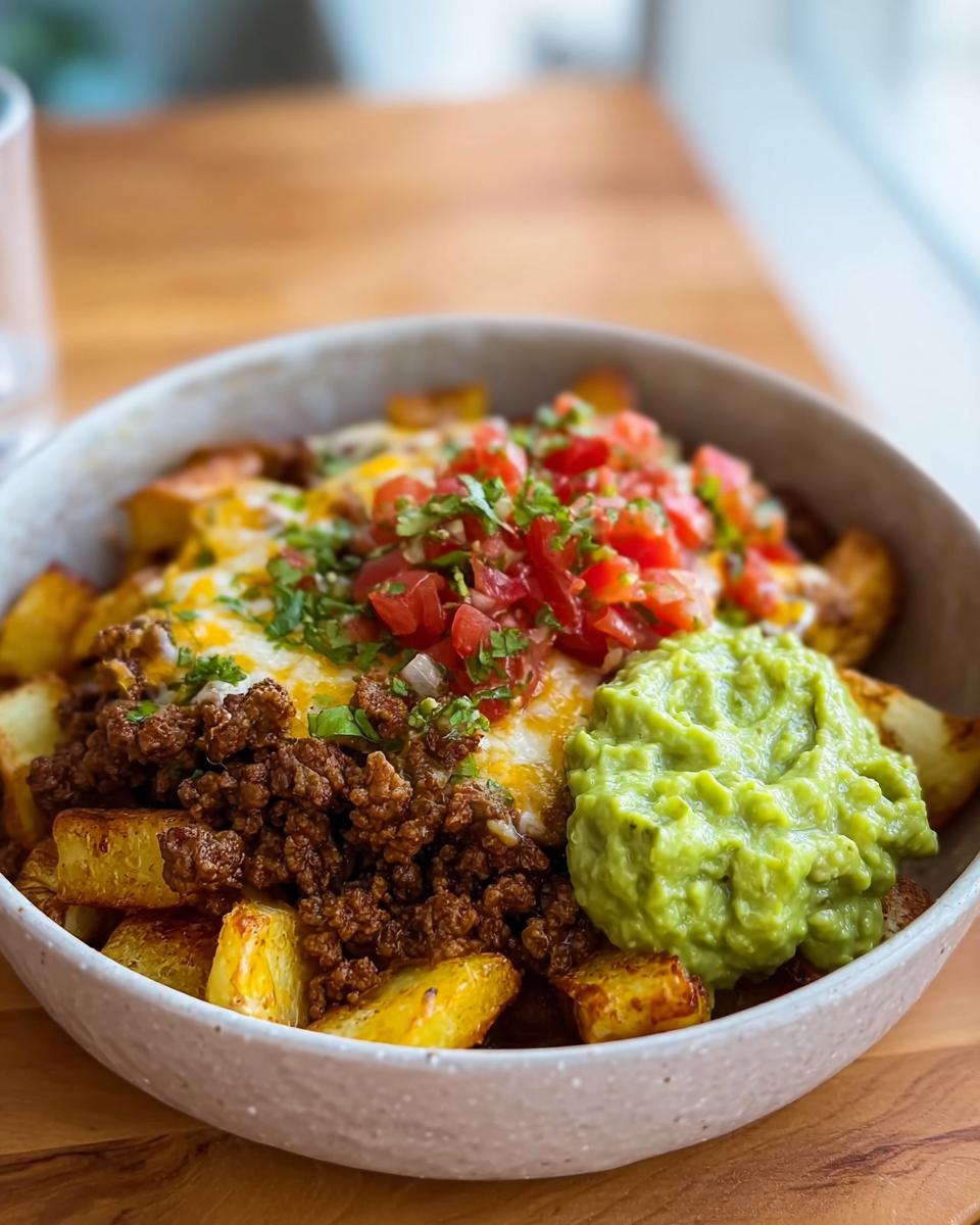 A delicious Schnelle Kartoffel Taco Bowl Meal Prep with seasoned potatoes, ground meat, cheese, pico de gallo, and guacamole.