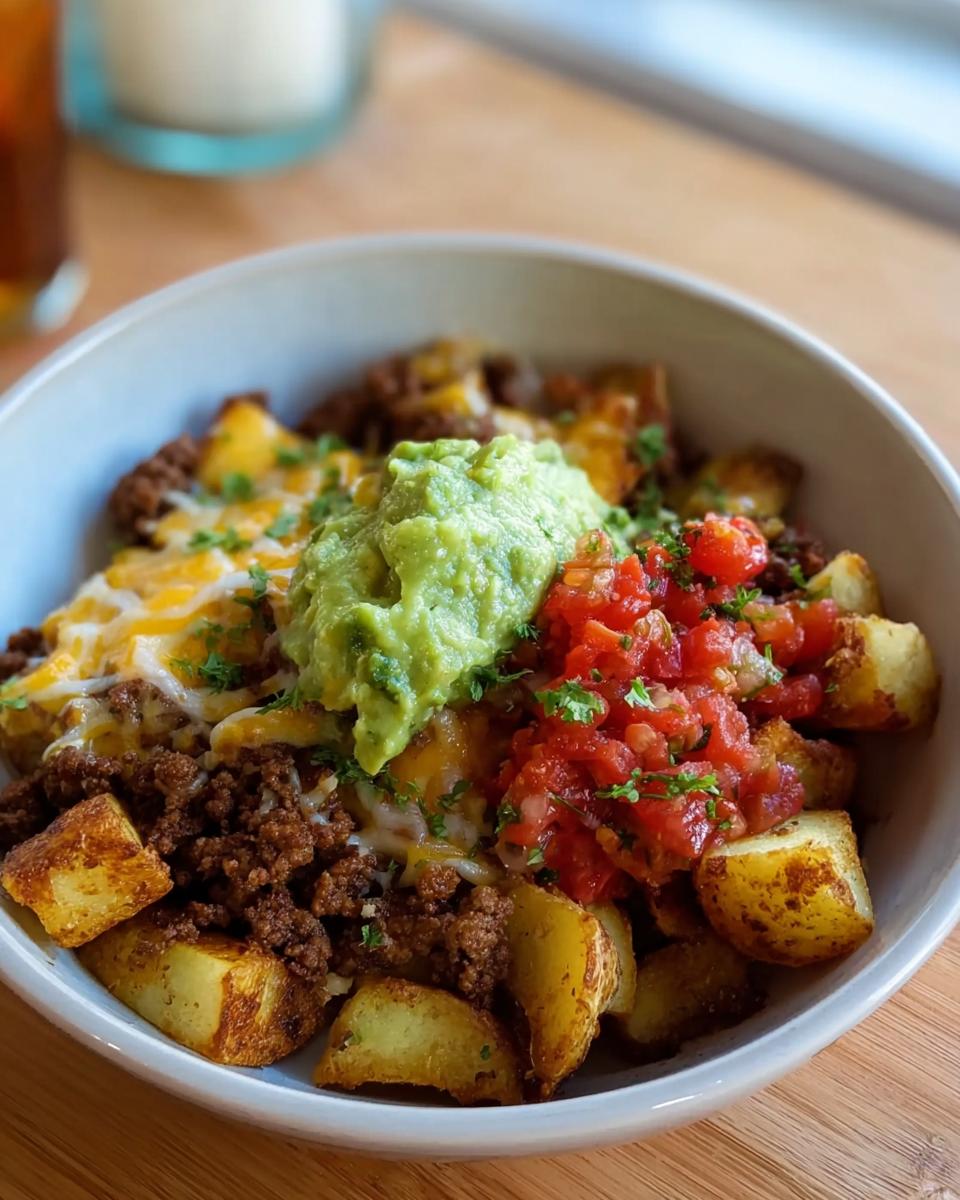 A bowl of Schnelle Kartoffel Taco Bowl Meal Prep with seasoned potatoes, ground beef, melted cheese, guacamole, and pico de gallo.