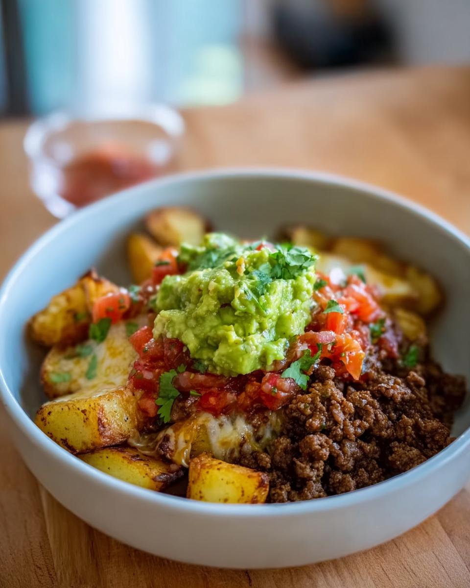 A close-up of a Schnelle Kartoffel Taco Bowl Meal Prep with seasoned ground meat, melted cheese, roasted potatoes, pico de gallo, and guacamole.