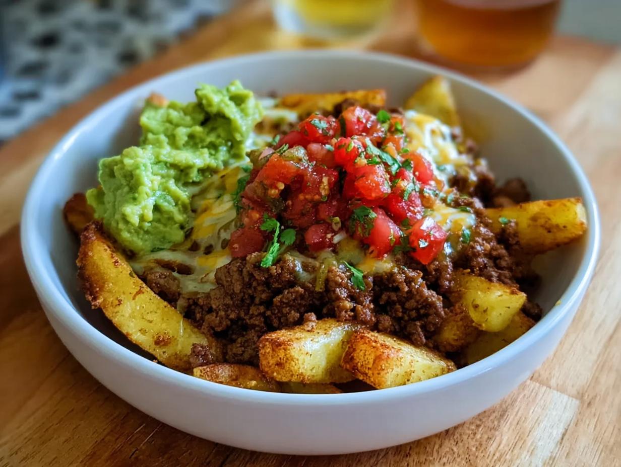 A delicious Schnelle Kartoffel Taco Bowl Meal Prep featuring seasoned potato wedges topped with seasoned ground beef, melted cheese, salsa, and guacamole.