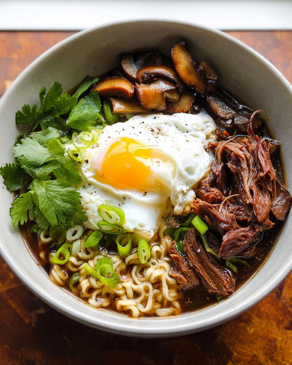 A bowl of Slow Cooker Beef Ramen Noodles topped with a fried egg, sliced mushrooms, and green onions.