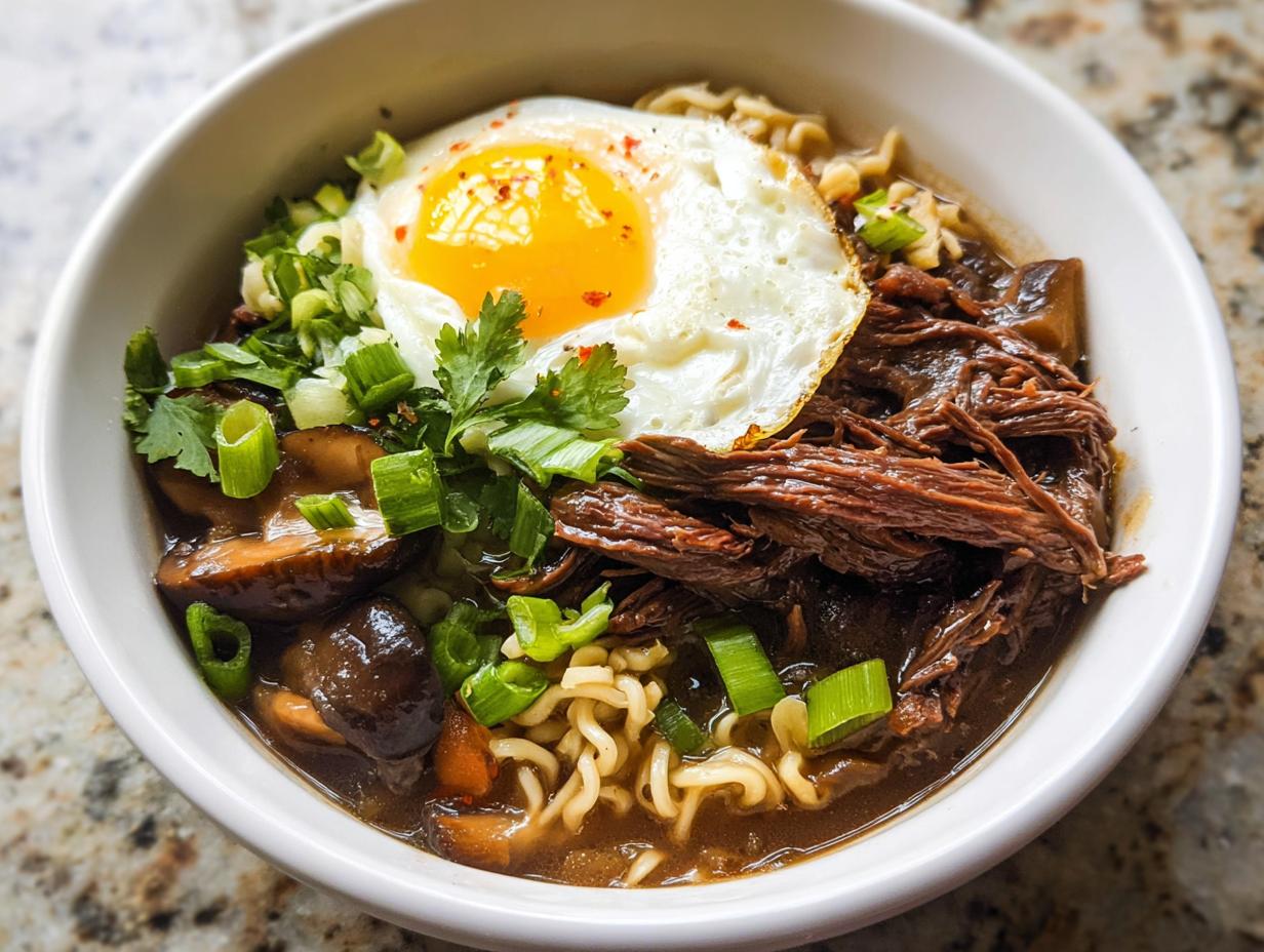 A bowl of Slow Cooker Beef Ramen Noodles topped with a fried egg, mushrooms, and green onions.