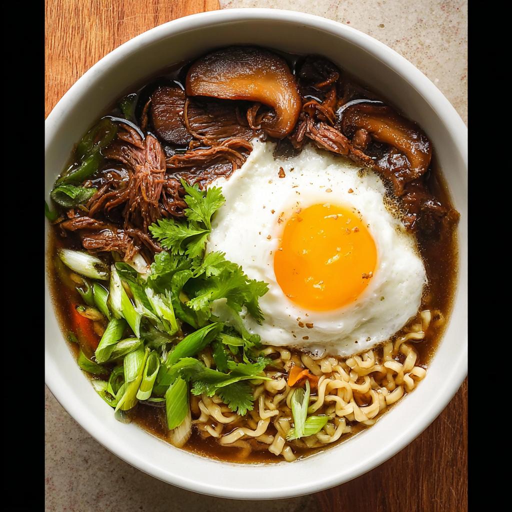 A delicious bowl of Slow Cooker Beef Ramen Noodles topped with a fried egg, shiitake mushrooms, and green onions.
