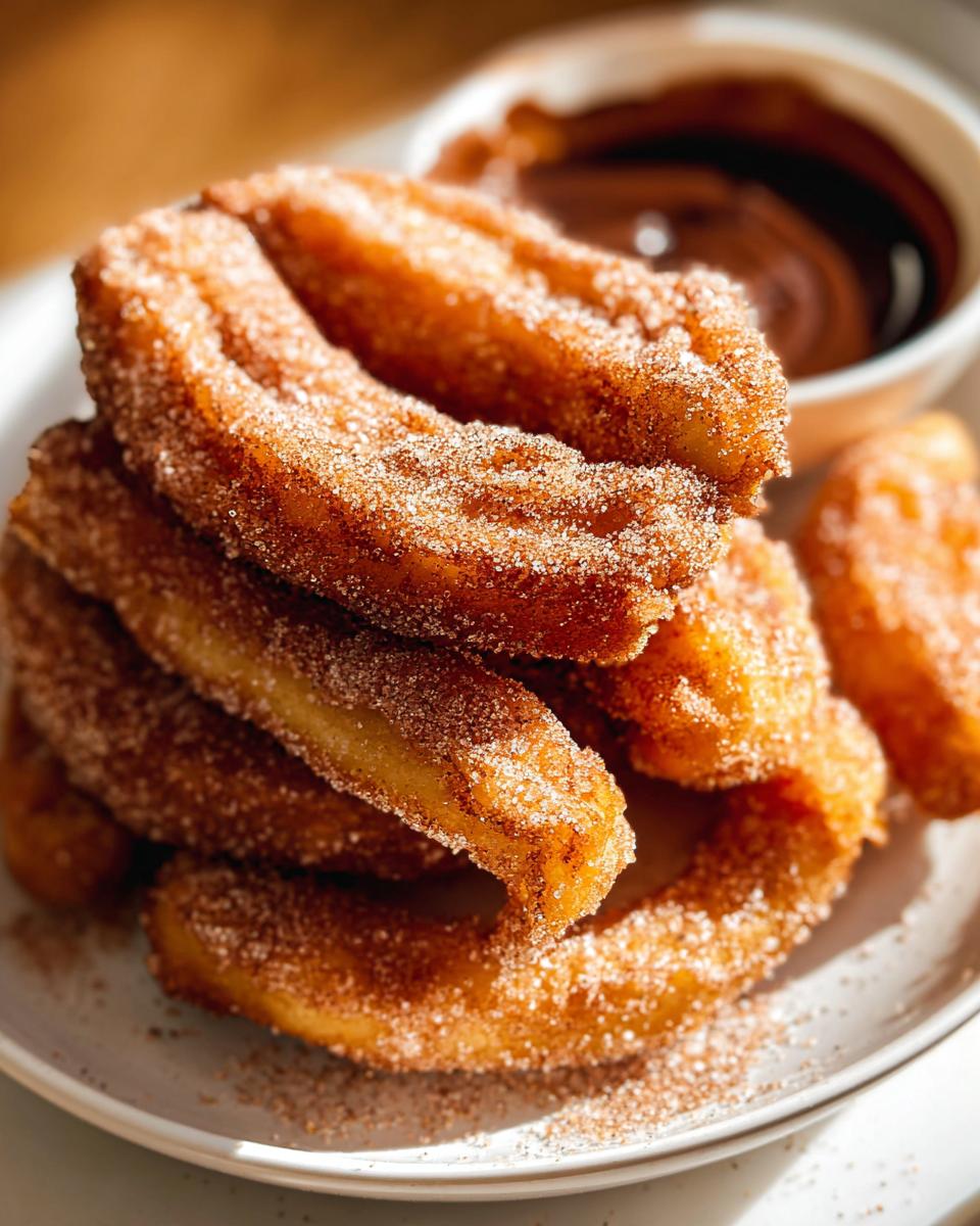 A stack of golden-brown Spanish churro pancakes coated in cinnamon sugar, served with a side of chocolate dipping sauce.