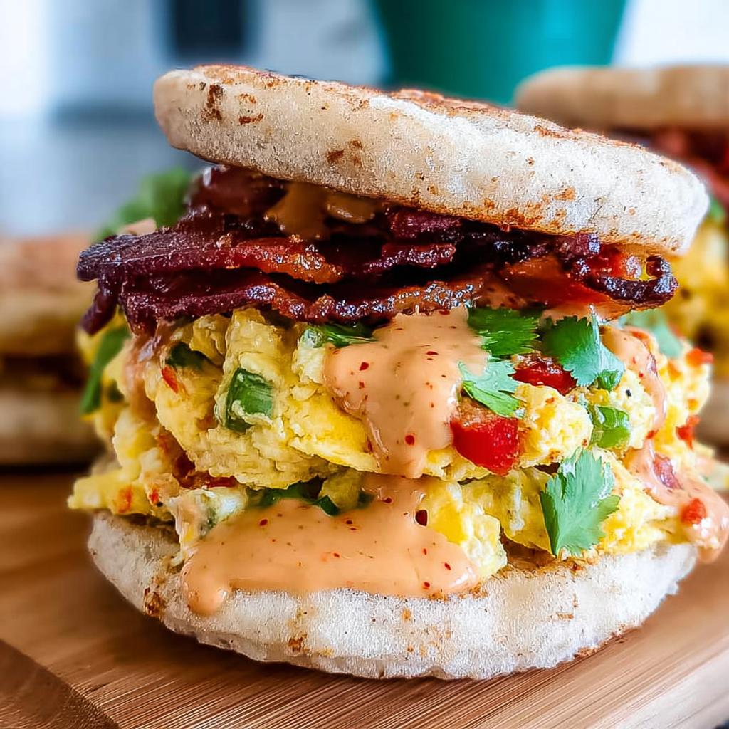 A close-up of a delicious Spicy Chipotle Egg Breakfast Sandwich piled high with scrambled eggs, bacon, and sauce.