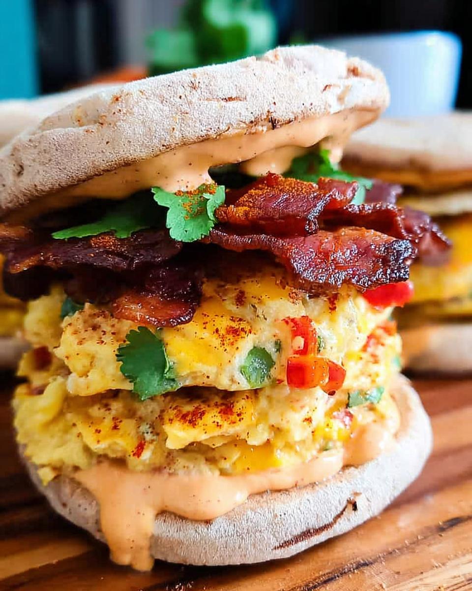 A close-up of a Spicy Chipotle Egg Breakfast Sandwich stacked high with scrambled eggs, bacon, and cilantro on an English muffin.