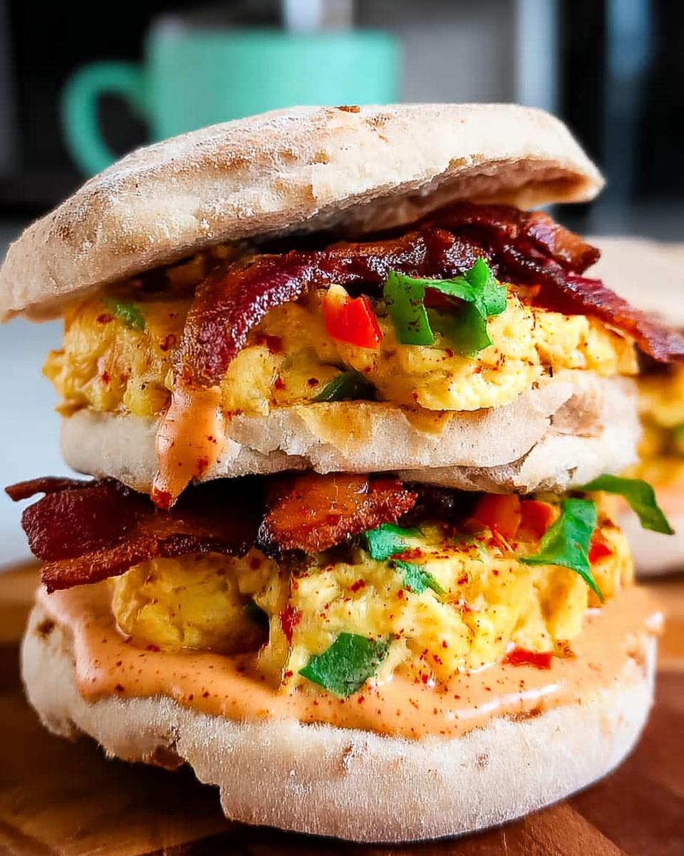 A close-up of a delicious Spicy Chipotle Egg Breakfast Sandwich stacked with scrambled eggs, crispy bacon, and fresh greens.