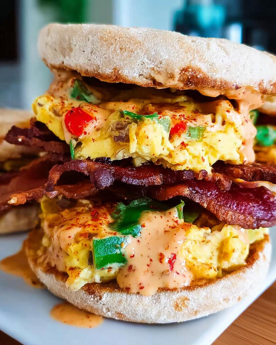 A close-up of a Spicy Chipotle Egg Breakfast Sandwich with scrambled eggs, bacon, and a creamy sauce on an English muffin.